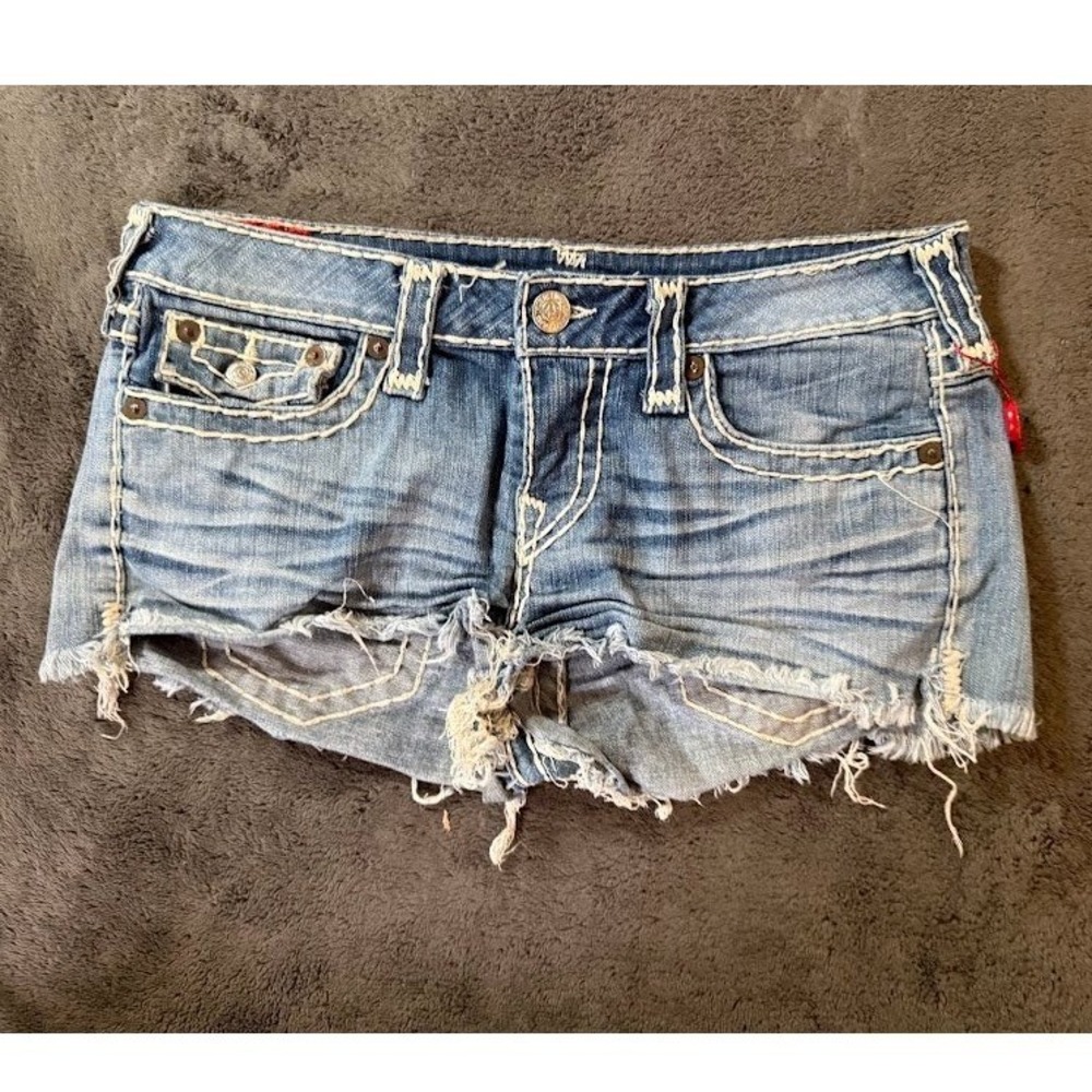 True Religion Joey Cutoff Super T Denim Shorts Blue 31X1 Low Rise Distressed